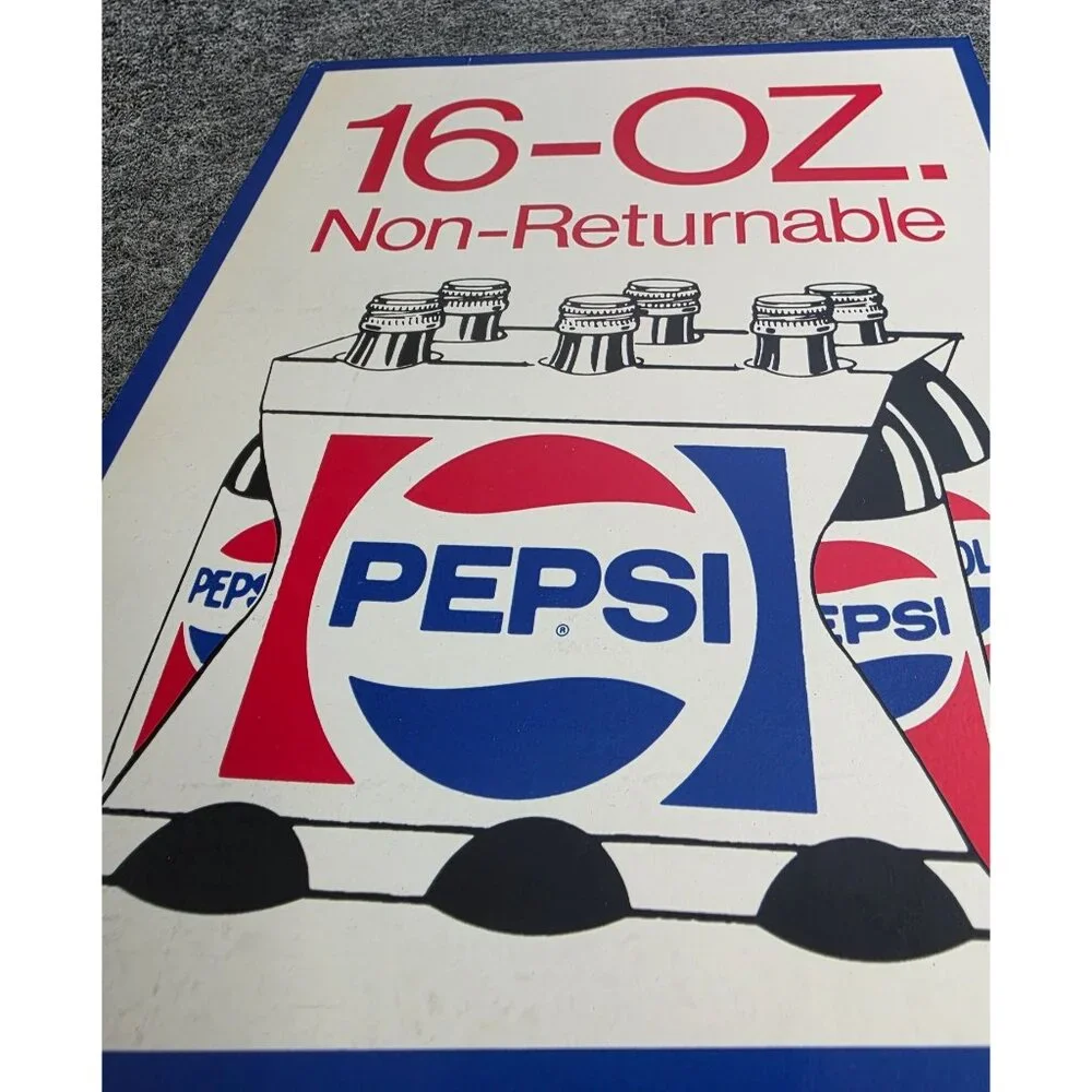 Vintage Pepsi Cola Advertisement Sign 16-Oz Non-Returnable Bottles Red/Blue Logo